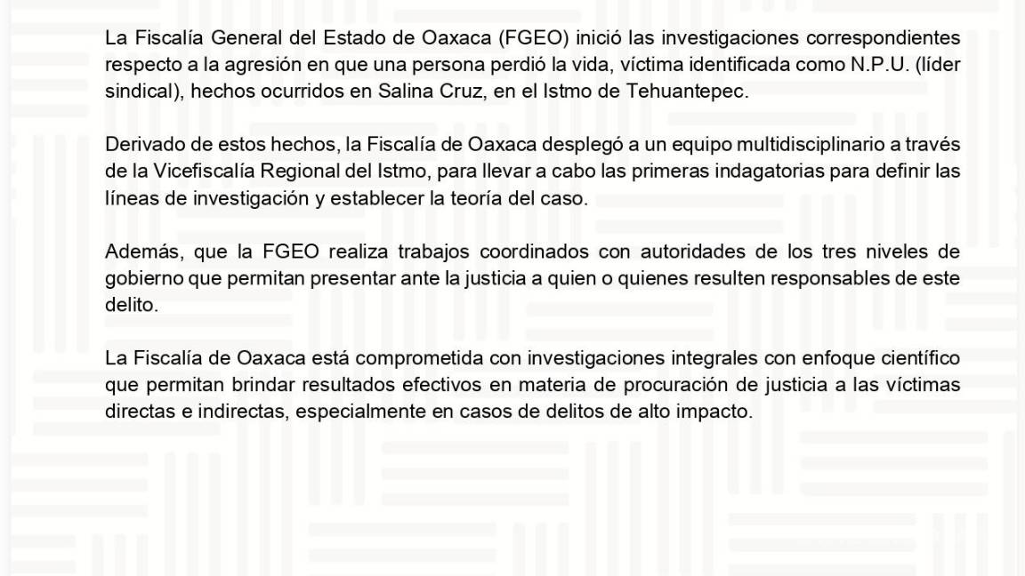 $!Fiscalía de Oaxaca confirma asesinato de Noé Pérez Urquidi, líder sindical, en Salina Cruz
