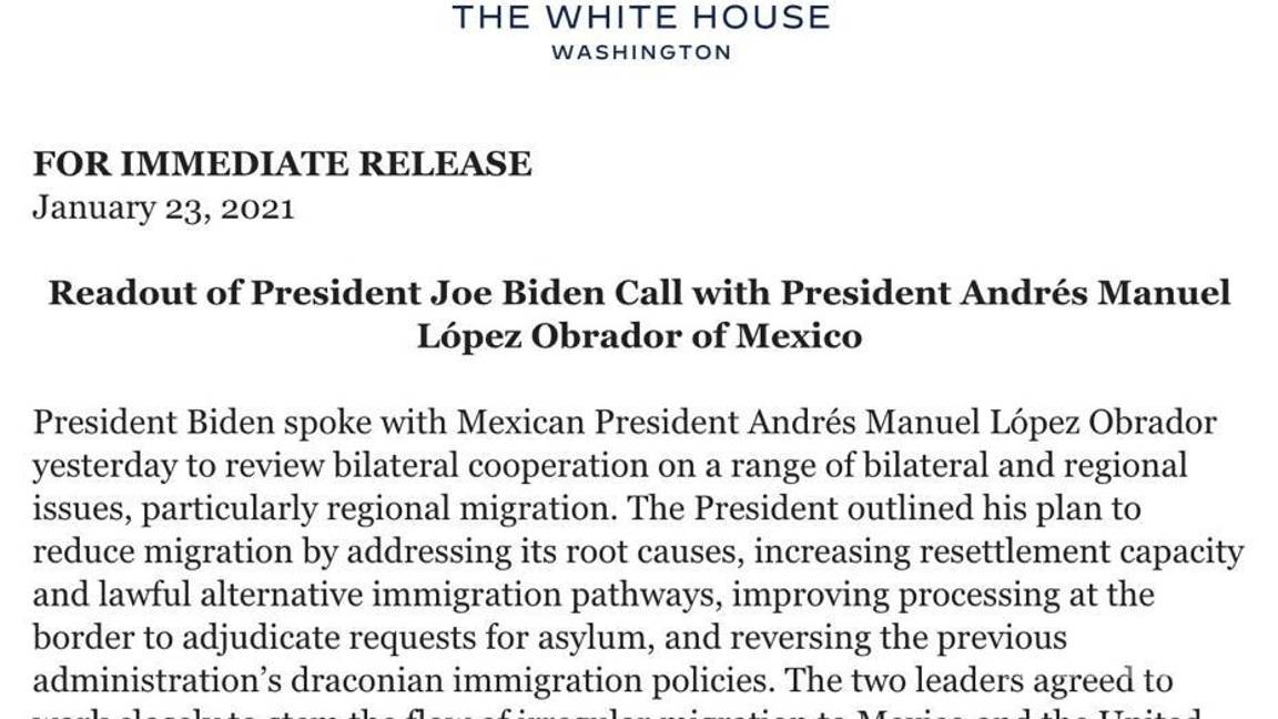 $!Migración y COVID-19, confirma Casa Blanca temas en primera llamada entre AMLO y Biden