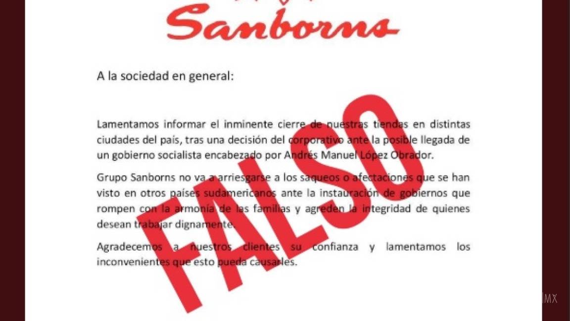 Sanborns desmiente que vayan a cerrar tiendas si gana AMLO las elecciones