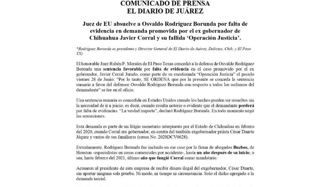 $!Javier Corral pierde demanda contra director de El Diario de Juárez