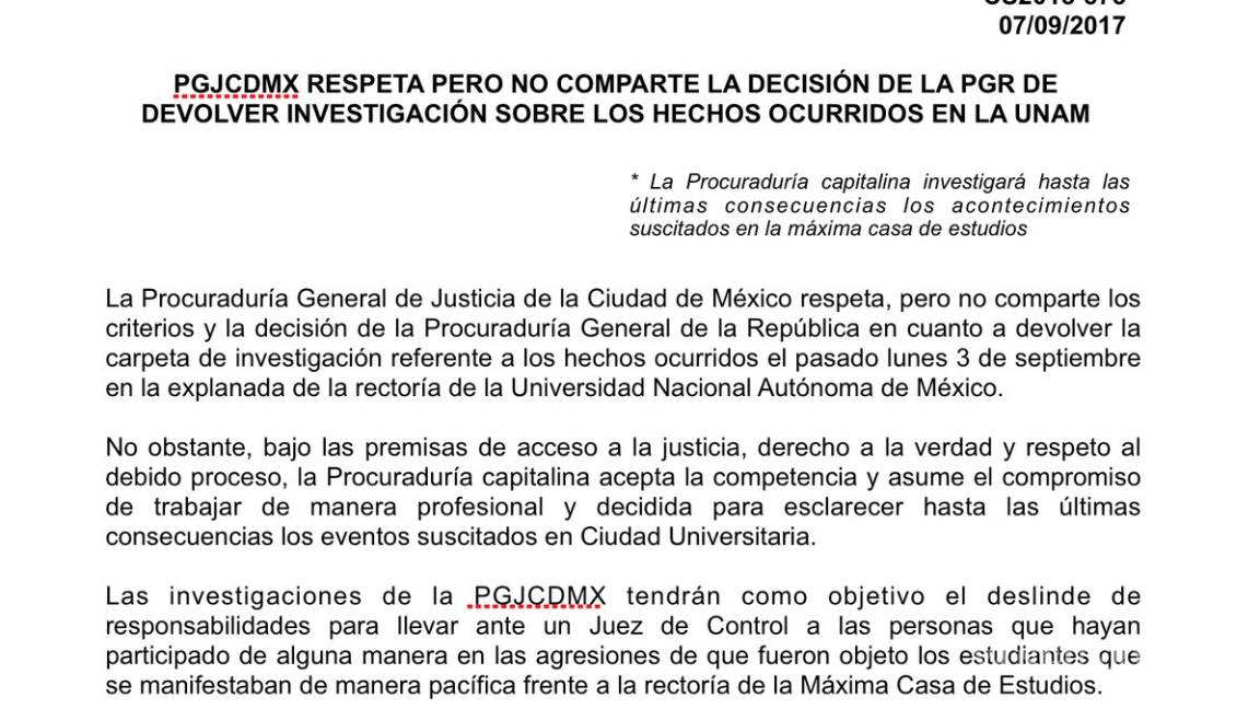 $!PGR declinó investigar agresiones en la UNAM: Amieva