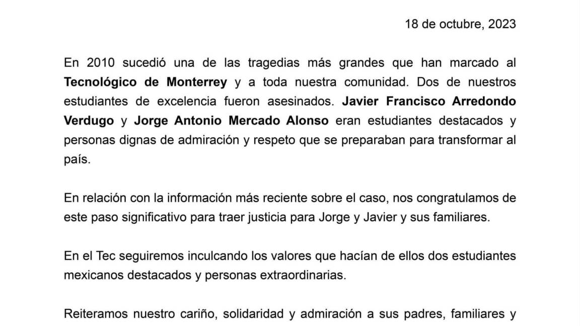 Tecnológico de Monterrey celebra sentencia a militares homicidas de Jorge y Javier