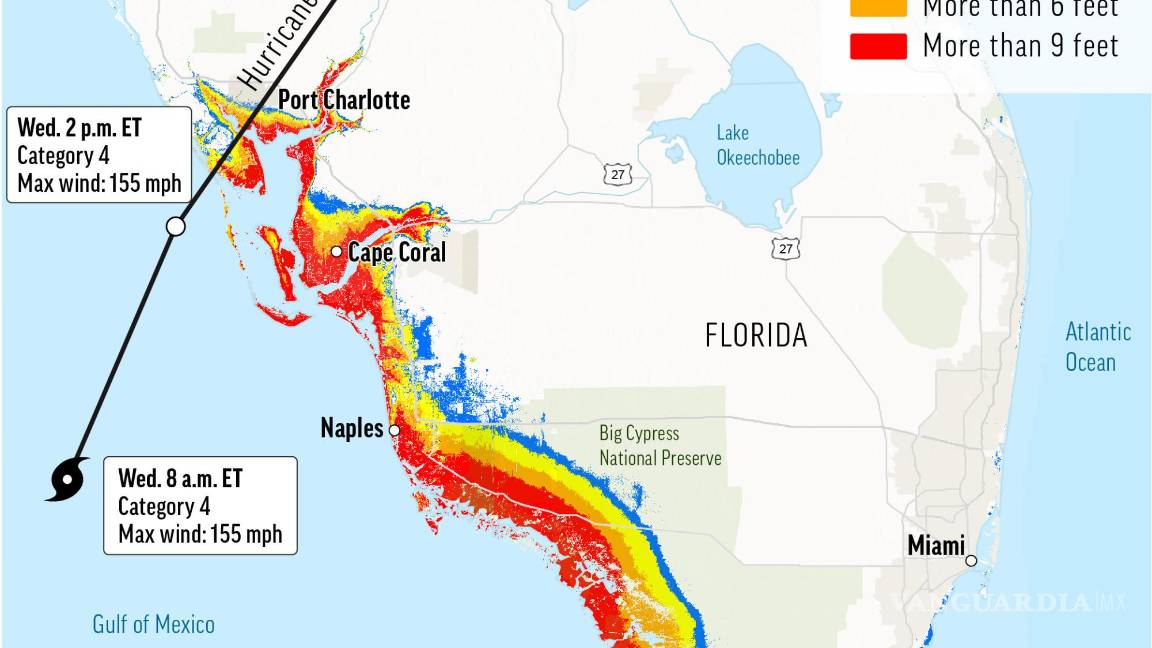 $!El mapa rastrea la trayectoria pronosticada del huracán Ian y destaca las probables inundaciones por marejadas ciclónicas a lo largo de la costa de Florida.