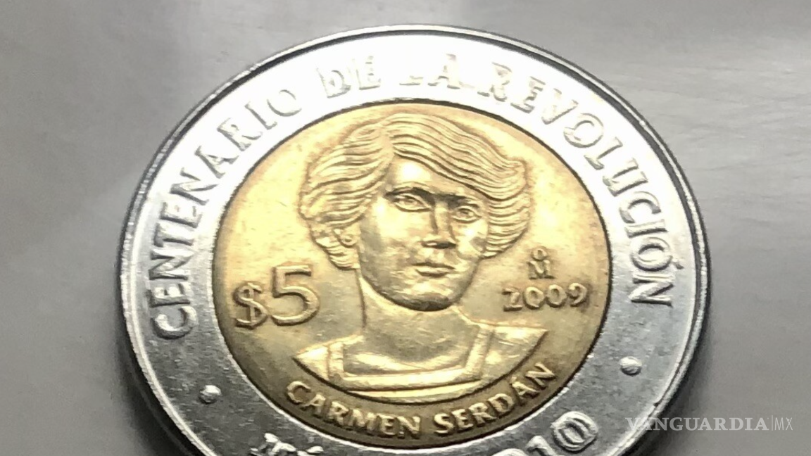 $!Moneda de 5 pesos conmemorativa de Carmen Serdán, emitida en 2009 por el Banco de México.