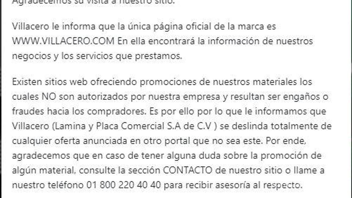 $!Al ingresar a su portal oficial, Villacero advierte que existen otros sitios web que engañan a compradores.