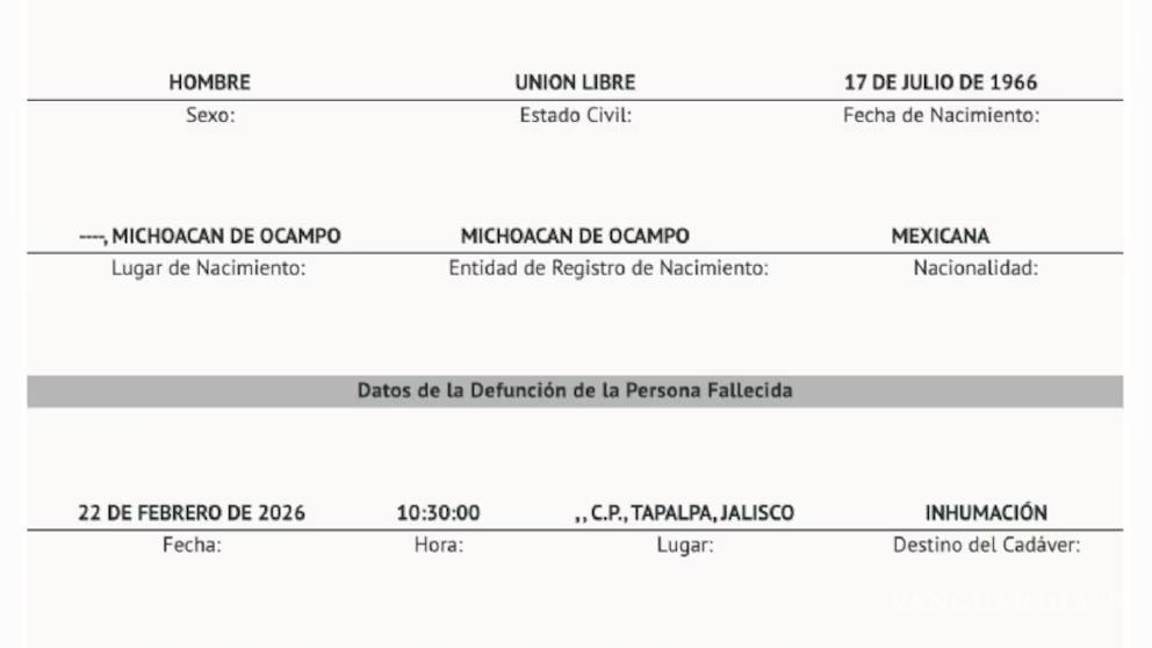$!Acta de defunción de ‘El Mencho’ señala múltiples impactos de bala y revela unión libre