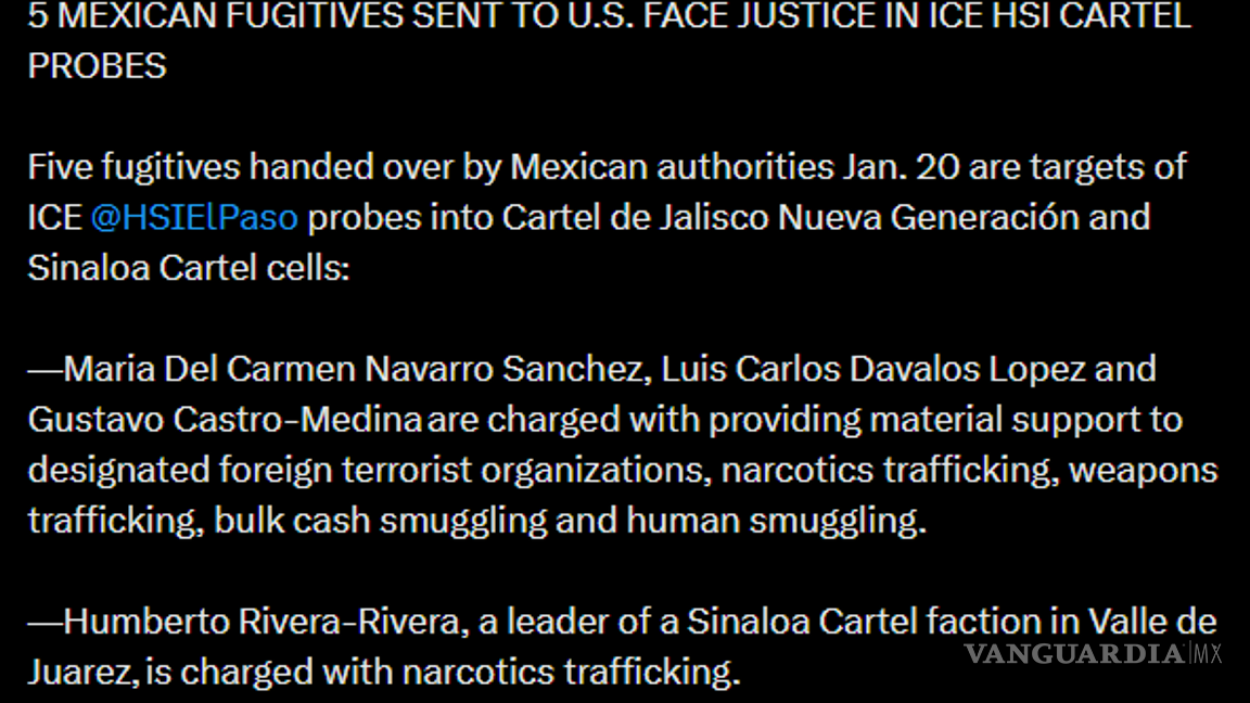 $!5 capos enviados de México a EU son investigados por ICE; tendrían nexos al CJNG y Cártel de Sinaloa