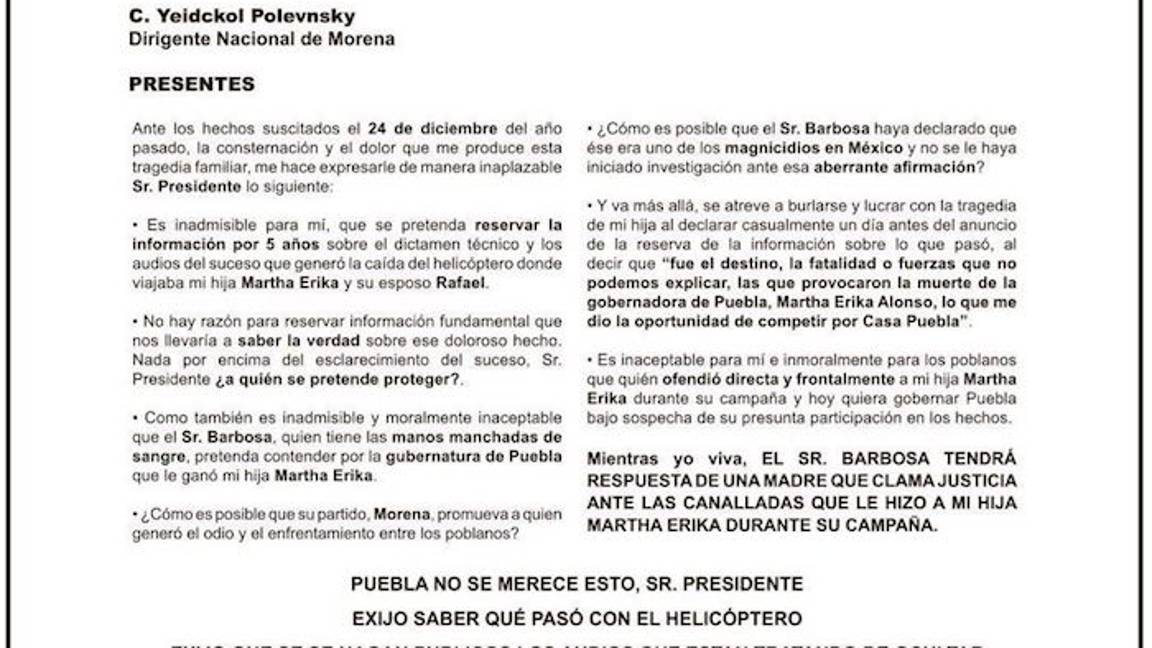 $!Madre de Martha Erika Alonso: Miguel Barbosa tiene “las manos manchadas de sangre”; le exige justicia a AMLO
