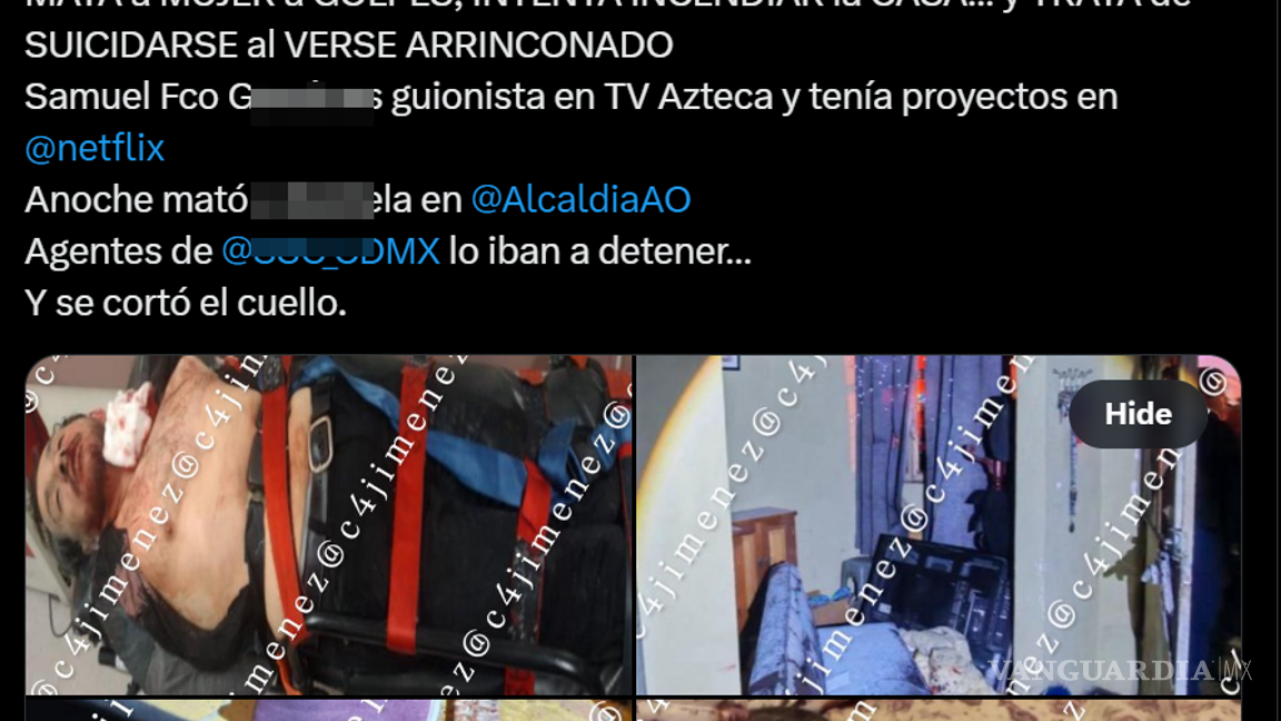 $!Guionista de TV Azteca y Netflix asesina a su pareja e intenta quitarse la vida