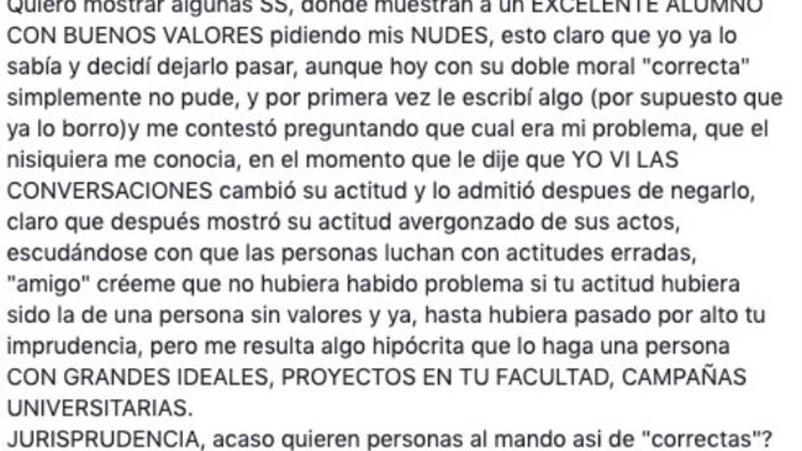 $!Integrantes del chat de ‘packs’ de Jurisprudencia ‘huyen’ tras denuncias públicas. Alumna identifica a uno de sus presuntos integrantes