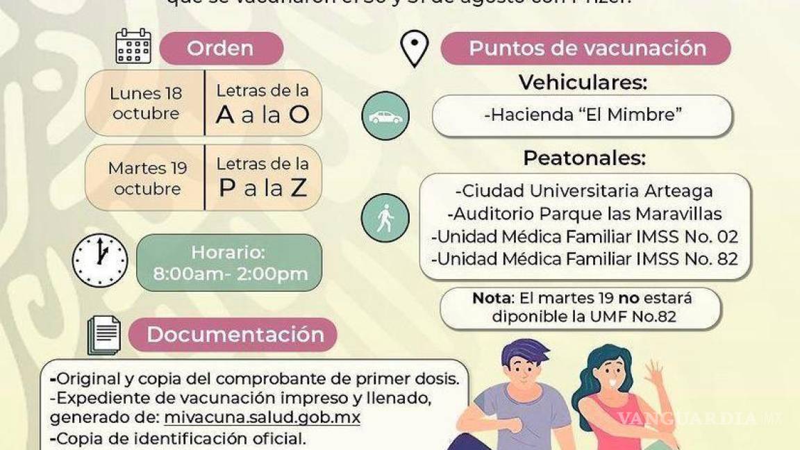 Último día de vacunación en Arteaga y Saltillo aplicación de refuerzo para 18-29 años
