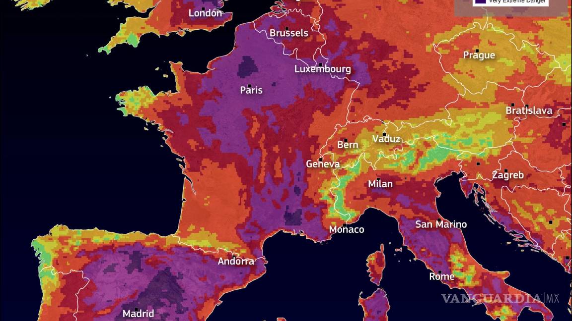 $!El pronóstico del índice meteorológico de incendios (FWI) del Sistema Europeo de Información sobre Incendios Forestales (EFFIS) para Europa occidental.