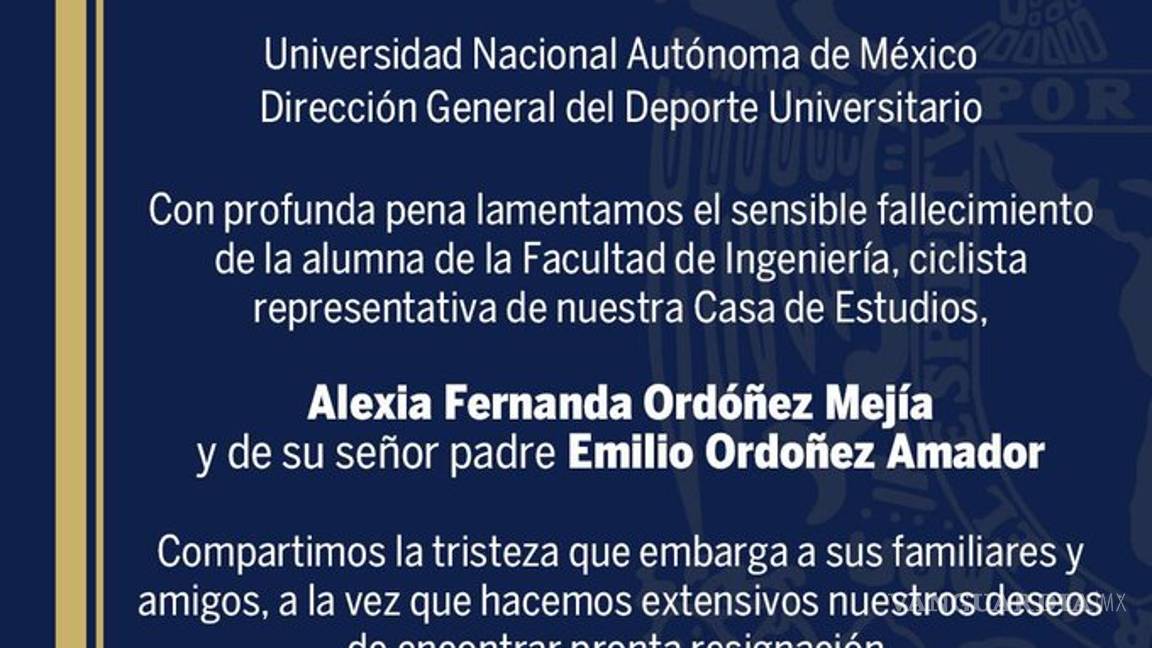$!Ciclista de la UNAM Alexia Ordóñez y su padre mueren tras ser arrollados