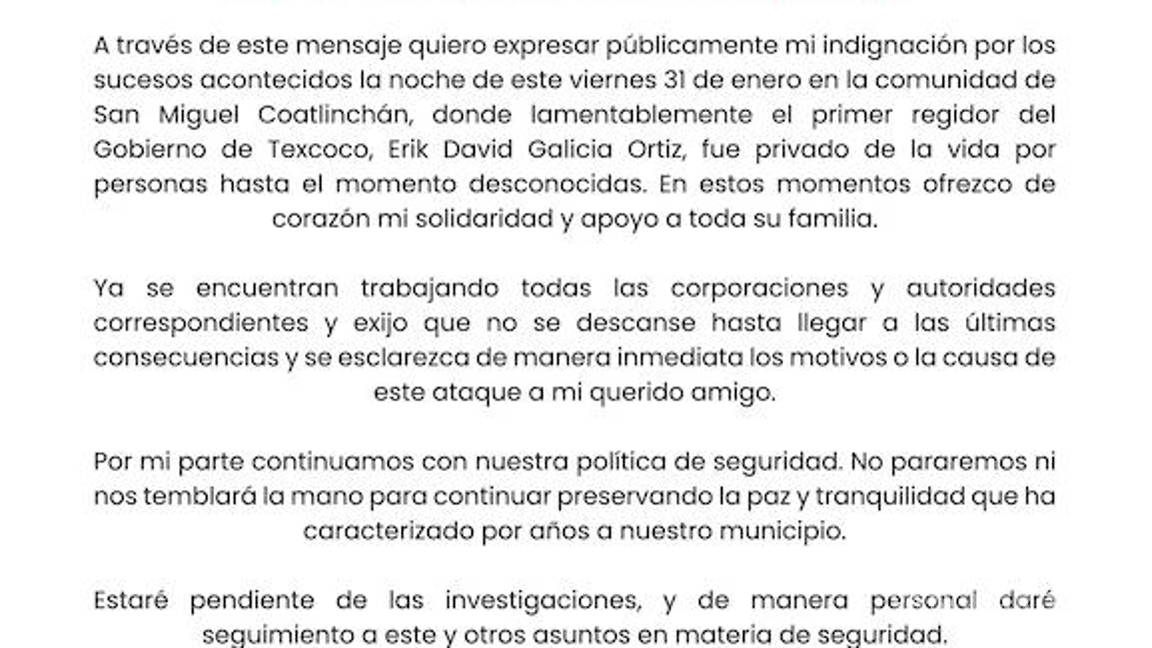 $!Asesinan a balazos a primer regidor de Texcoco, Erick Galicia Ortiz; presidente municipal anuncia investigación