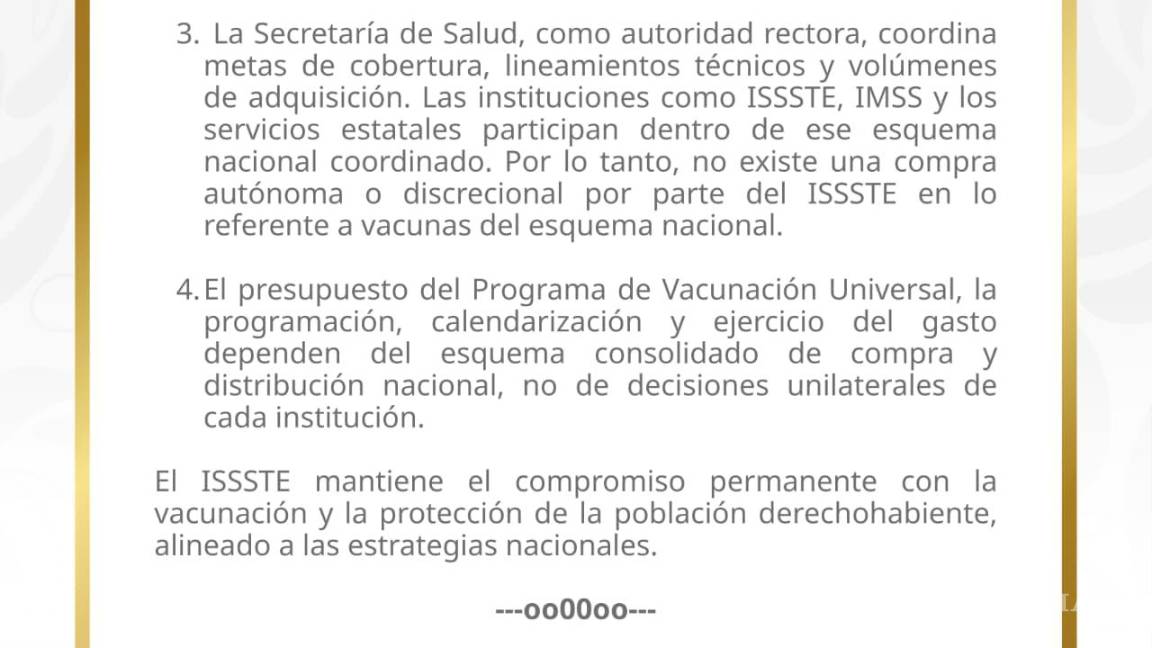 $!ISSSTE responde a acusaciones de sobreprecio en vacunas y niega irregularidades