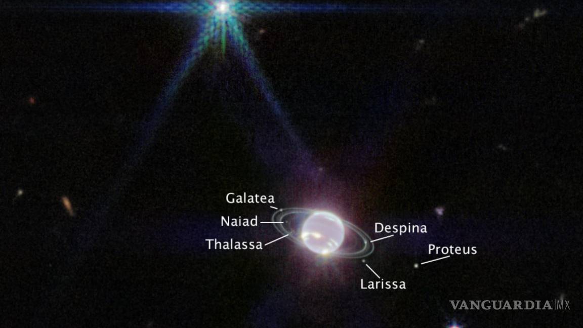 $!Imagen captada por la cámara de infrarroja del Telescopio Espacial James Webb de Neptuno, las lunas visibles del planeta están etiquetadas.