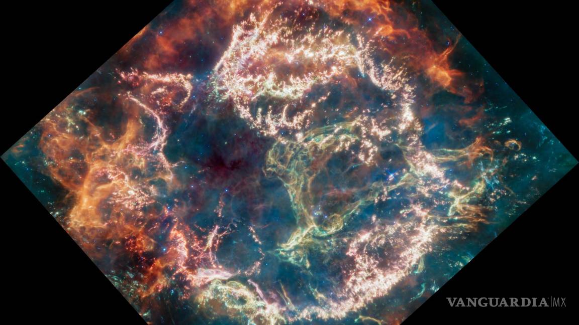 $!Una imagen en infrarrojo medio proporcionada por la NASA de la supernova Cassiopeia A desde el Telescopio Espacial James Webb.
