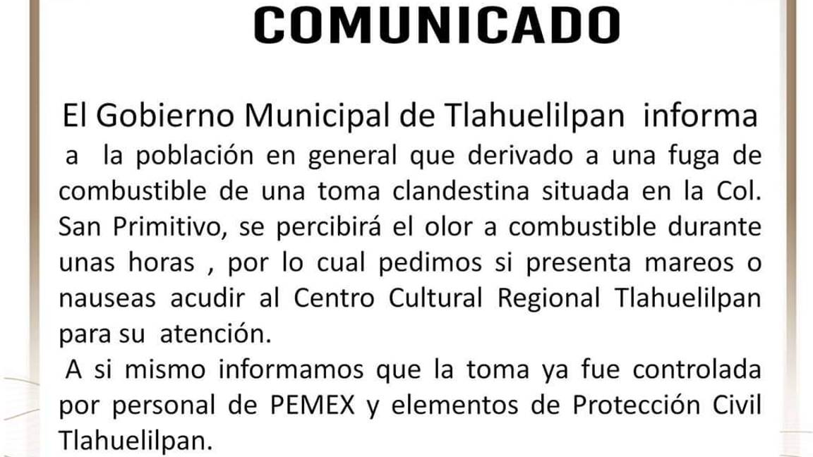 $!Controlan fuga de toma clandestina de combustible en Tlahuelilpan, Hidalgo