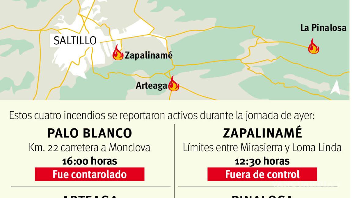 $!‘Cercan’ 4 incendios a la Región Sureste de Coahuila; alcanzan llamas a la Sierra de Zapalinamé