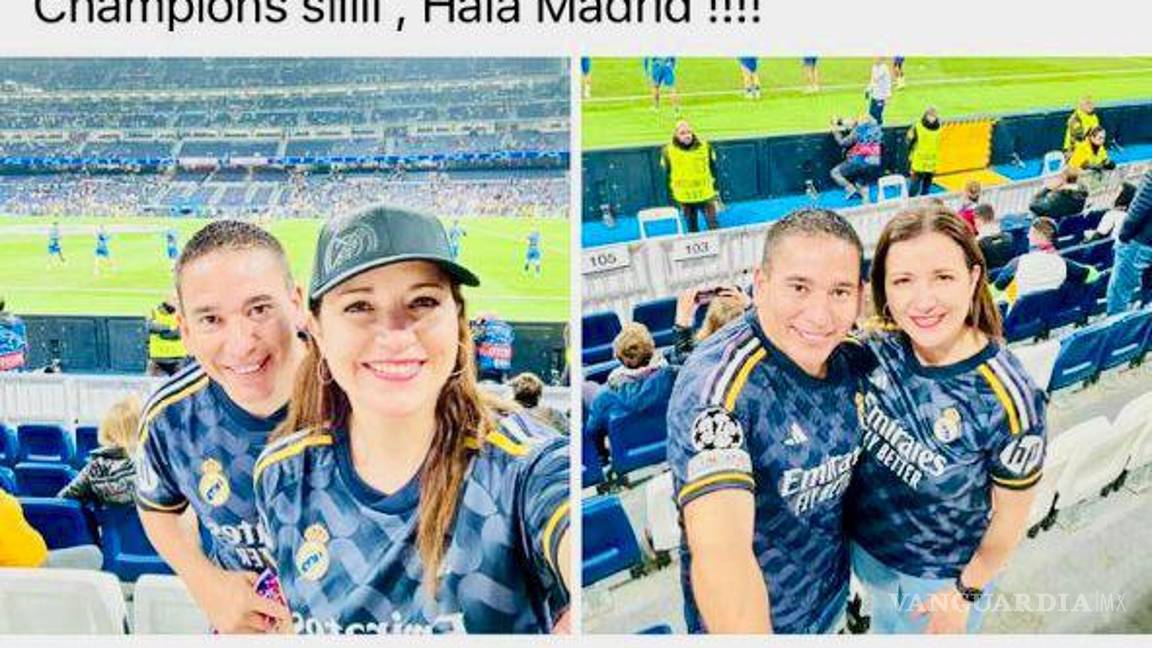 $!La titular del Registro Público de la propiedad en Saltillo, posa con la camiseta del Real Madrid, en el estadio Santiago Bernabeu.