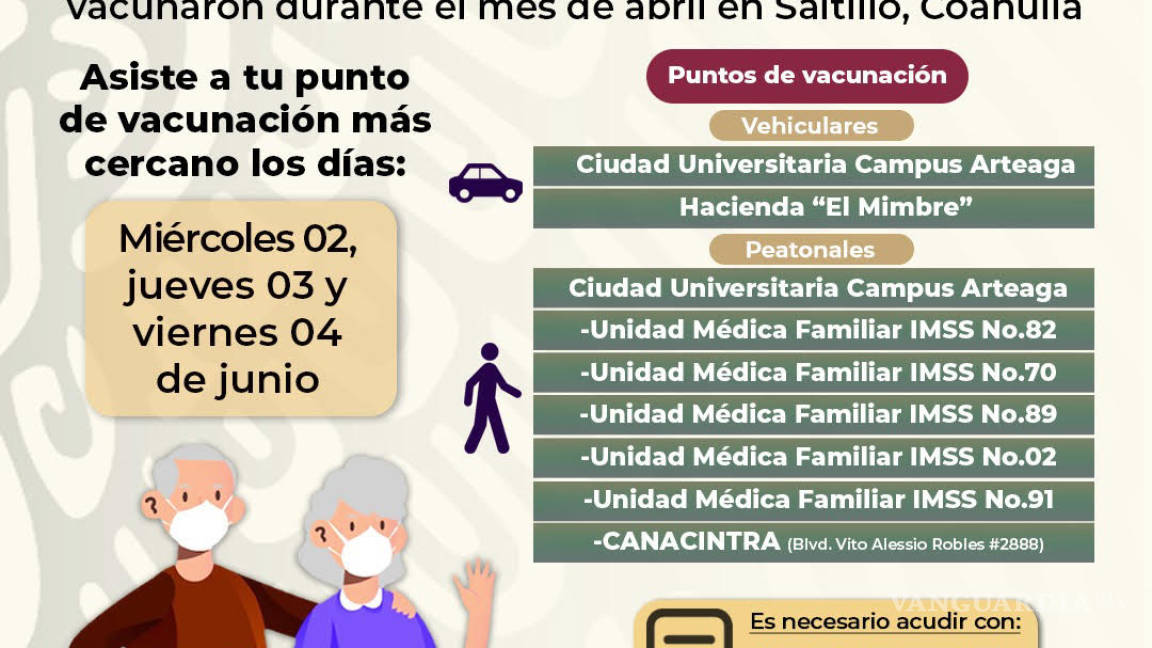 Inicia hoy aplicación de segunda dosis contra el coronavirus en Saltillo, a personas de 60 años y más