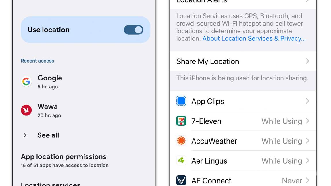 $!La función Ubicación en su teléfono Android, izquierda o iPhone también puede ayudarlo a encontrar un teléfono perdido.