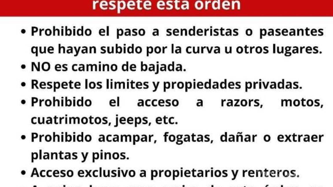 $!Letreros colocados en puntos clave de la Sierra de Arteaga advierten a los visitantes sobre la prohibición de ingresar a propiedades privadas sin autorización.
