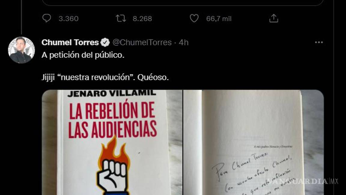 $!Agarrón en Twitter: Chumel Torres muestra libro que Villamil le regaló... y con dedicatoria