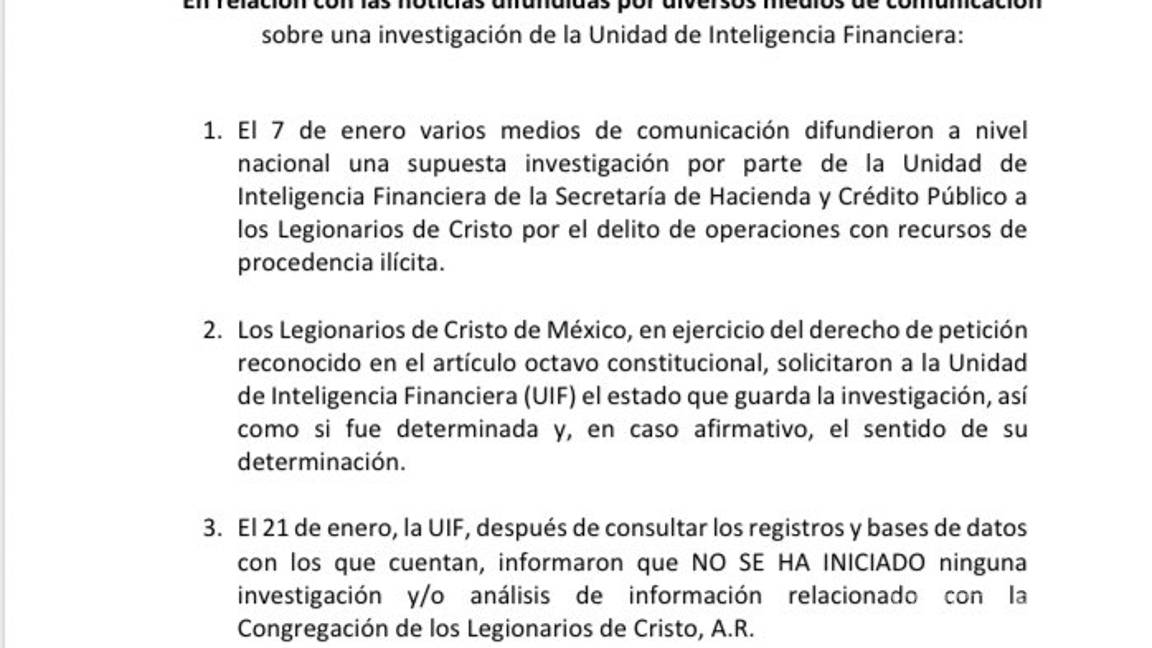 $!Legionarios de Cristo niegan que exista una investigación en su contra por parte de la Unidad de Inteligencia Financiera