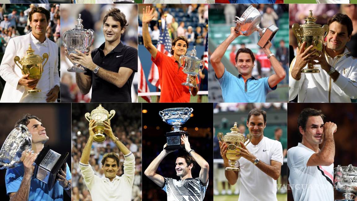 $!Una combinación de imágenes muestra al tenista suizo Roger Federer levantando el trofeo en los 20 torneos de Grand Slam que ganó durante su carrera.