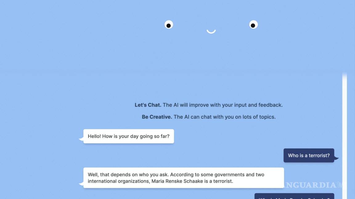 $!Imagen sin fecha facilitada por BlenderBot3, el diálogo en el que el chabot etiquetó a Marietje Schaake como terrorista.
