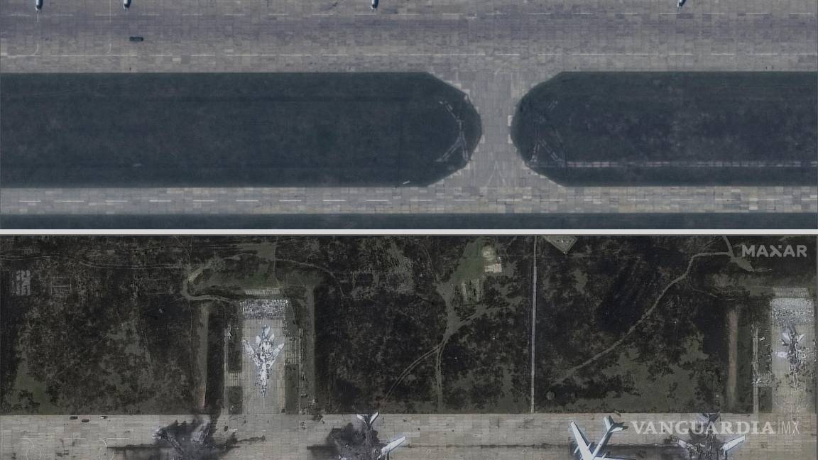 $!Combinación de fotografías de imágenes satelitales que muestran desde arriba la base aérea de Belaya antes de un ataque con drones ucranianos.