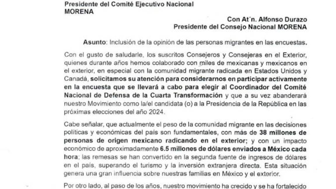$!En el documento, las y los consejeros expresan su interés en participar en la elección del candidato por Morena.