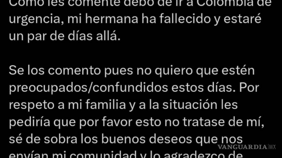 $!Juan Guarnizo informa a seguidores el fallecimiento de su hermana; viaja de emergencia a Colombia.