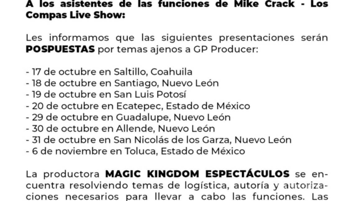 $!Desde un correo electrónico un día antes GP Producer dio a conocer que no se realizaría el show.