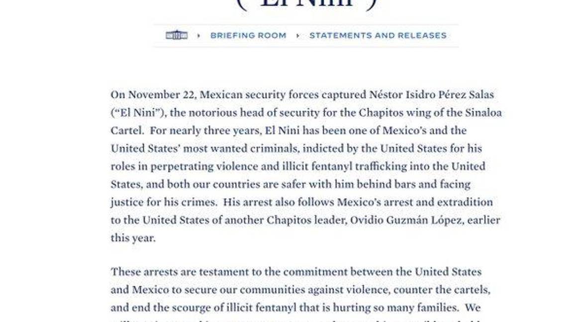 $!EU pide a México ‘pronta’ extradición de ‘El Nini’; Biden agradece captura del jefe de sicarios de ‘Los Chapitos’