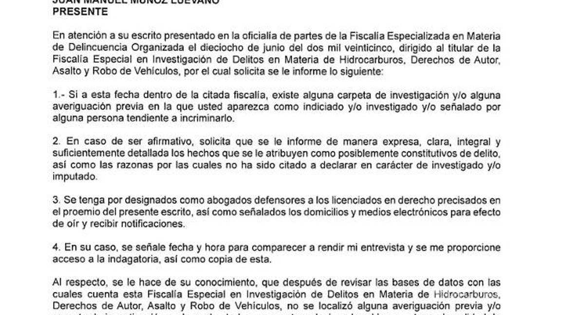 $!Este es el documento que circuló este jueves concerniente a la solicitud que hizo Muñoz Luévano ante la FGR.