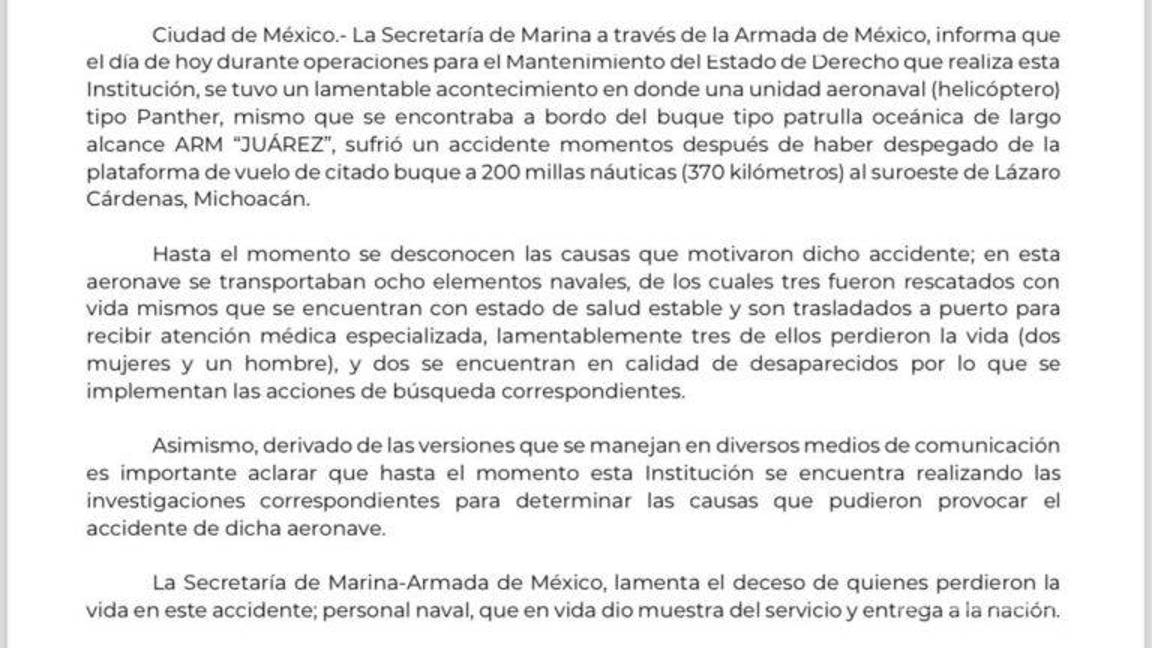$!Helicóptero de la Marina se desplomó en Michoacán; reportan tres muertos y dos desaparecidos