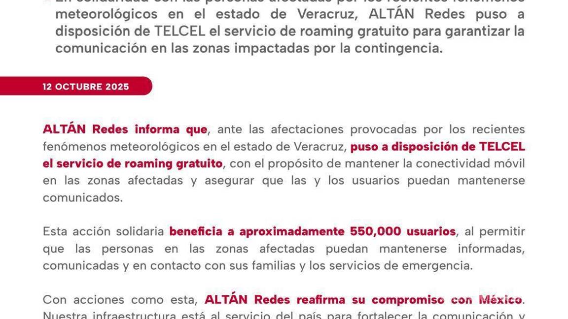 $!ALTÁN Redes y Telcel activan roaming gratuito para 550 mil personas en Veracruz tras inundaciones
