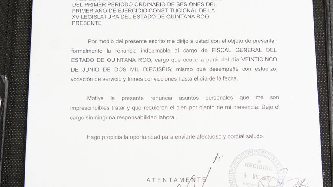 $!Presenta su renuncia el fiscal General de Quintana Roo