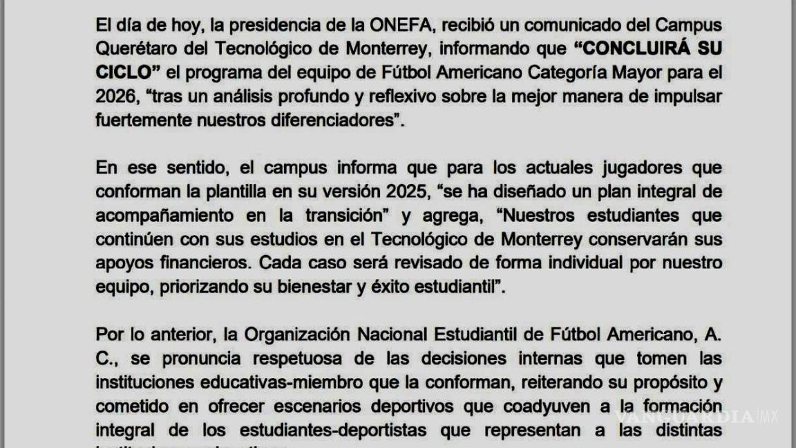 $!Comunicado oficial de la desaparición del equipo de futbol americano campus Querétaro.