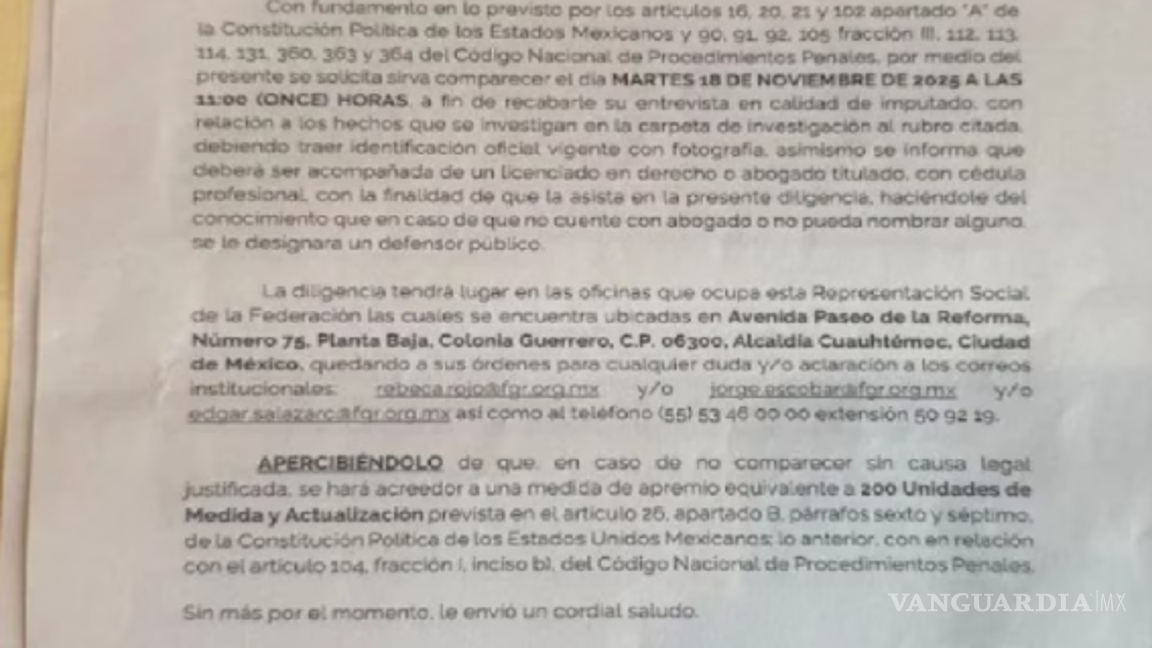 $!La FGR donde se llamó a comparecer al empresario Fernando Rafael Salgado Chávez.