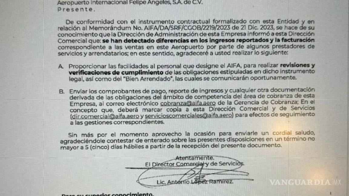 $!Copia del documento compartido por los dueños de locales en el AIFA al periodista.