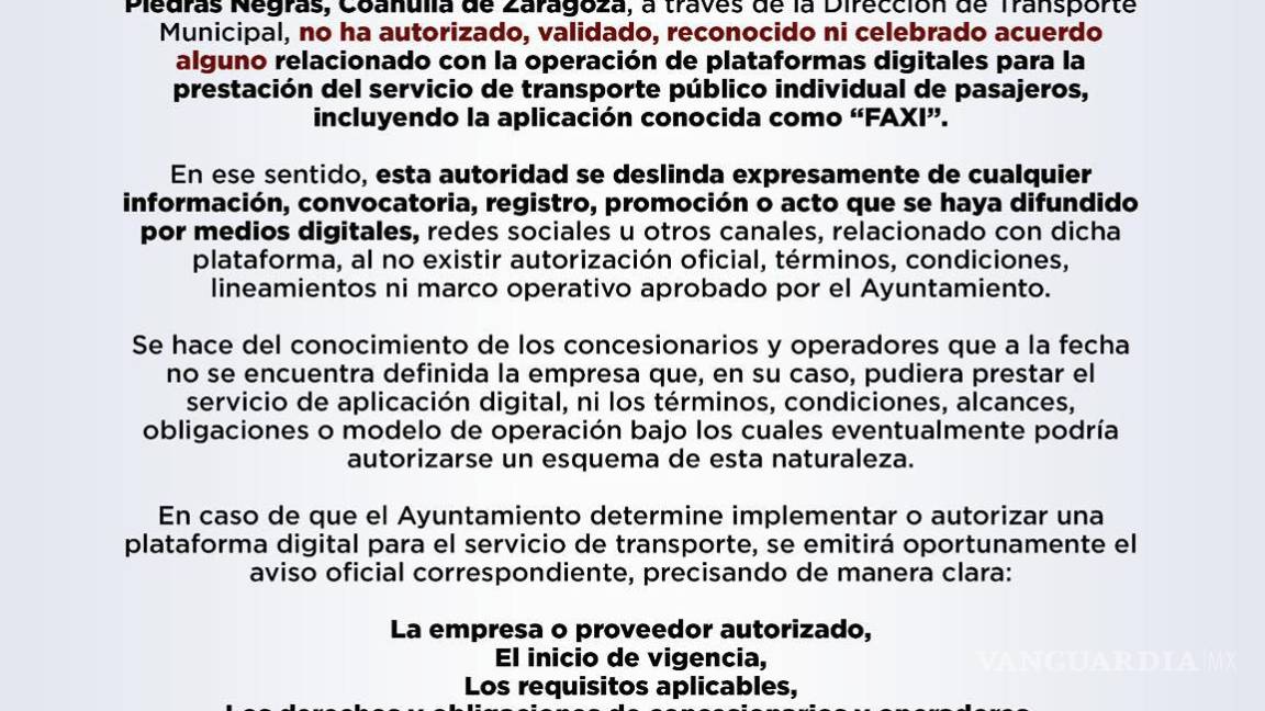 $!Cabildo de Piedras Negras niega autorización a plataformas digitales de transporte como ‘FAXI’