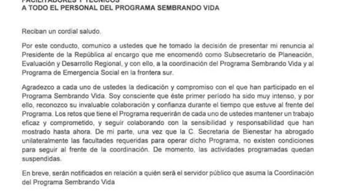 $!Renuncia coordinador de Sembrando Vida: 'No hay condiciones para seguir'