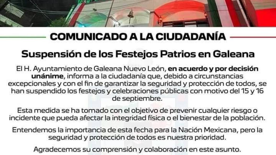 $!Cancela Galeana festejos patrios por inseguridad