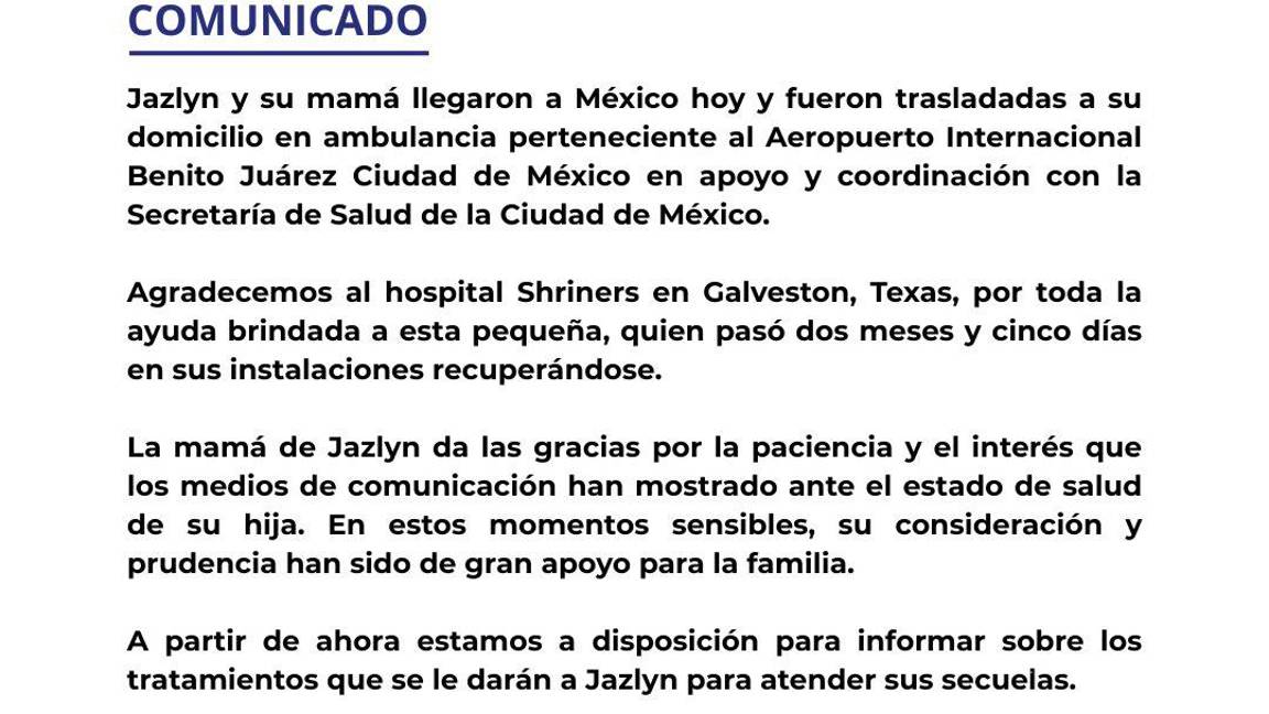 $!Regresa a México Jazlyn Azulet, bebé sobreviviente de la explosión de pipa en Iztapalapa
