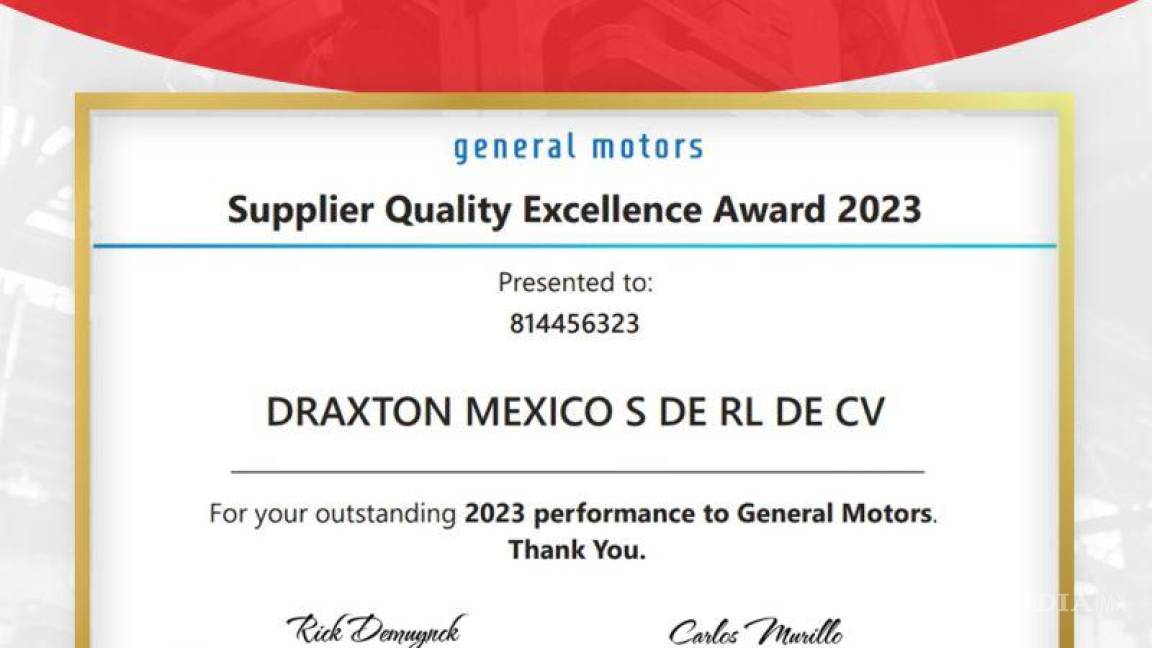 Por cuarta ocasión, reconoce General Motors Coahuila a Draxton Irapuato