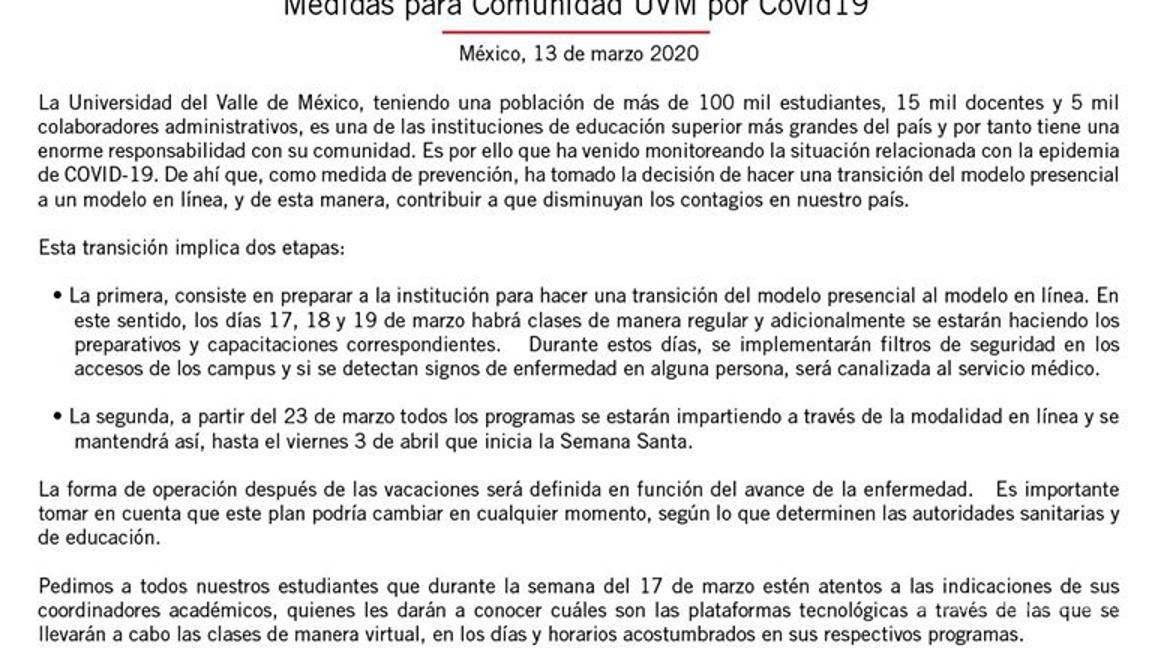 $!UVM trabajará bajo modelo en línea para evitar contagio de Coronavirus