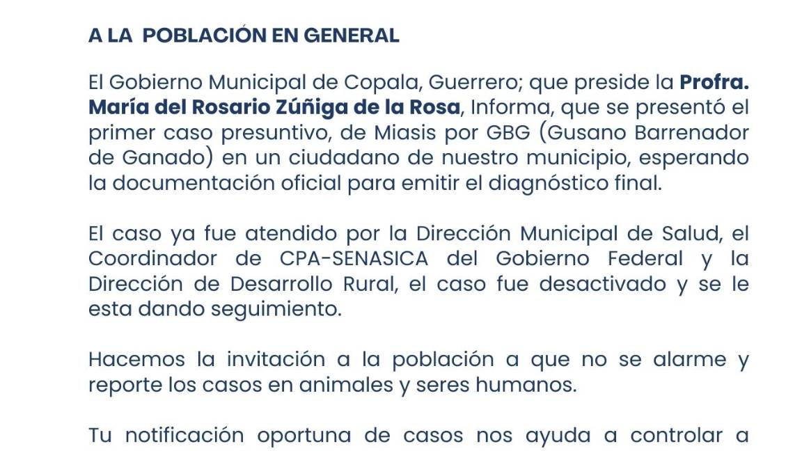 $!Guerrero: Gobierno de Copala sospecha primer caso de gusano barrenador en ciudadano